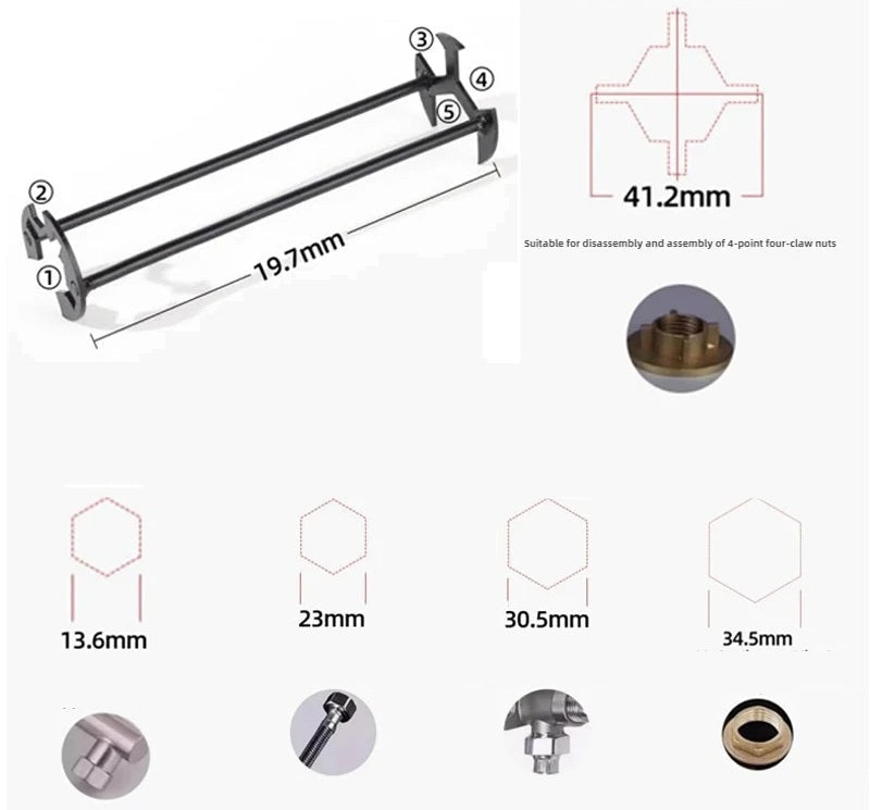 Basin Wrench – Multi-Purpose Plumbing Wrench, Four-Claw Hexagon Sink Faucet Wrench & Repair Tool for Household Pipe Fixes