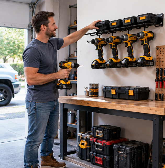 Wall-Mounted Power Tool Rack – Metal Electric Drill Storage Shelf for Garage, Workshop and Organized Tool Storage