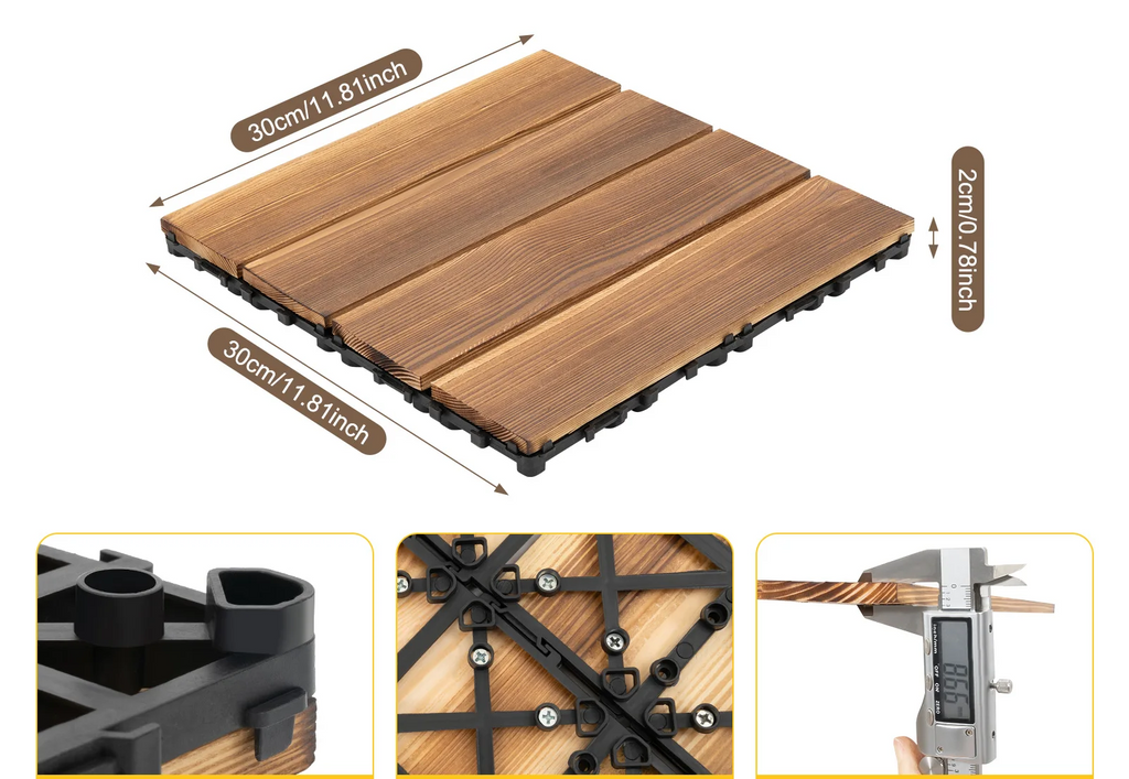 Interlocking Wood Flooring Tiles – 36-Pack 30x30cm DIY Floor Renovation System for Indoor/Outdoor Areas, Easy Click-Lock, Durable, Stylish Deck or Patio Upgrade