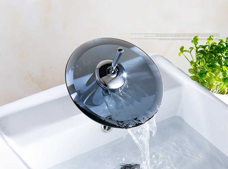 Chrome Waterfall Bathroom Faucet – Colorful Glass Basin Sink Mixer Tap, Single Lever Deck Mounted Round Design for Modern Home Bathrooms