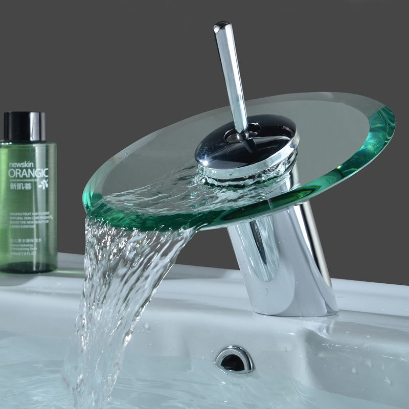 Chrome Waterfall Bathroom Faucet – Colorful Glass Basin Sink Mixer Tap, Single Lever Deck Mounted Round Design for Modern Home Bathrooms