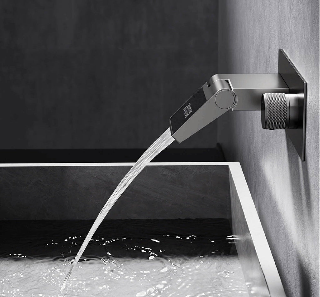 Luxury Gunmetal Brass Bathroom Faucet – Wall-Mounted Hot and Cold Mixer Tap with LED Digital Display and Elegant Single-Handle Design