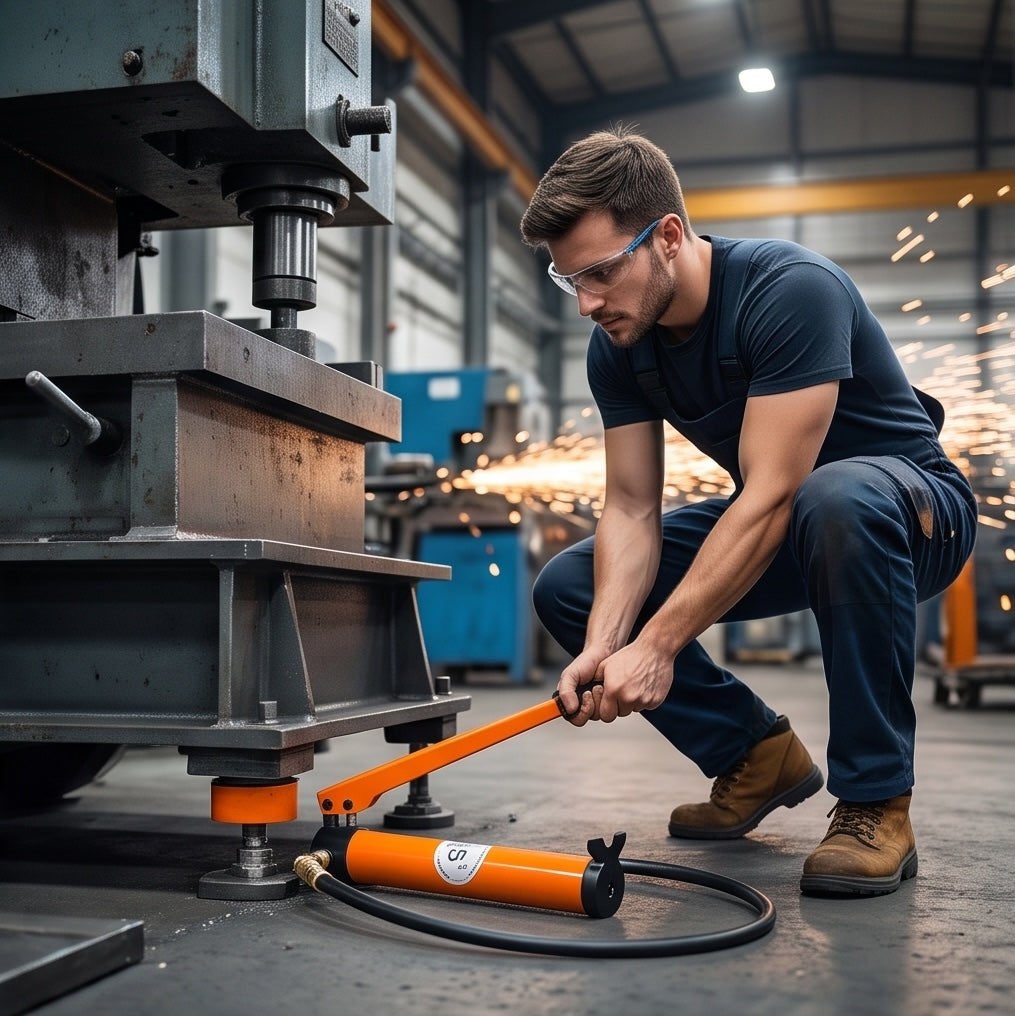 Hydraulic Ram Cylinder Jack – 10T Low-Profile Single-Acting Mini Porta Power Ram with CP-180 Hand Pump for Machinery and Shipbuilding Repairs