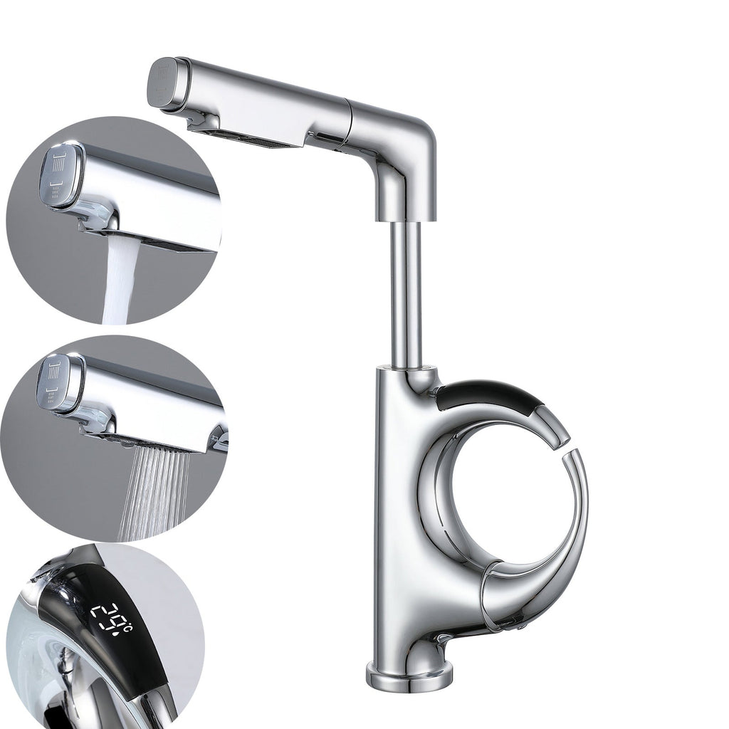 LED Temperature Display Kitchen Faucet – Mechanical Arm Mixer with Pull-Out Sprayer, Adjustable Height and Dual Water Modes for Modern Sinks