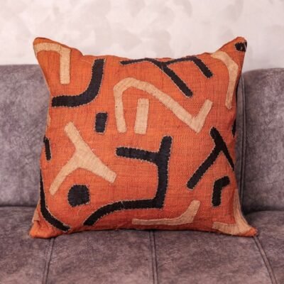 Rafia Glyph Cushion 20×20 · Hand-Appliquéd Terracotta & Charcoal · One-of-a-Kind