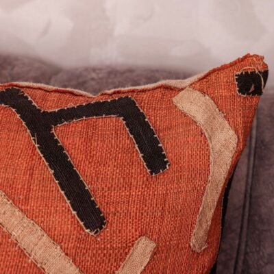 Rafia Glyph Cushion 20×20 · Hand-Appliquéd Terracotta & Charcoal · One-of-a-Kind