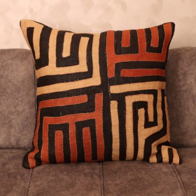 Rafia Labyrinth Cushion 20×20 · Hand-Appliquéd Black, Écru & Terracotta · One-of-a-Kind