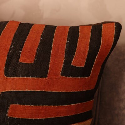 Rafia Labyrinth Cushion 20×20 · Hand-Appliquéd Black, Écru & Terracotta · One-of-a-Kind