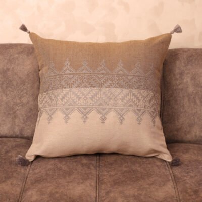 Two-Tone Fassi Embroidered Pillow Cover 20×20 | Beige & Grey Linen with Charcoal Moroccan Band