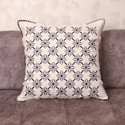 Luxury Fassi Embroidered Pillow Cover 20×20 | Ivory & Charcoal All-Over Star Pattern with Sawtooth Border, Lined Heirloom Cushion