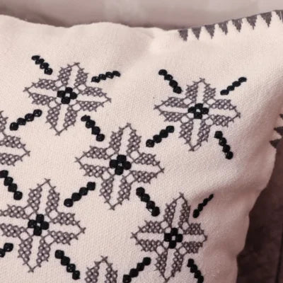 Luxury Fassi Embroidered Pillow Cover 20×20 | Ivory & Charcoal All-Over Star Pattern with Sawtooth Border, Lined Heirloom Cushion