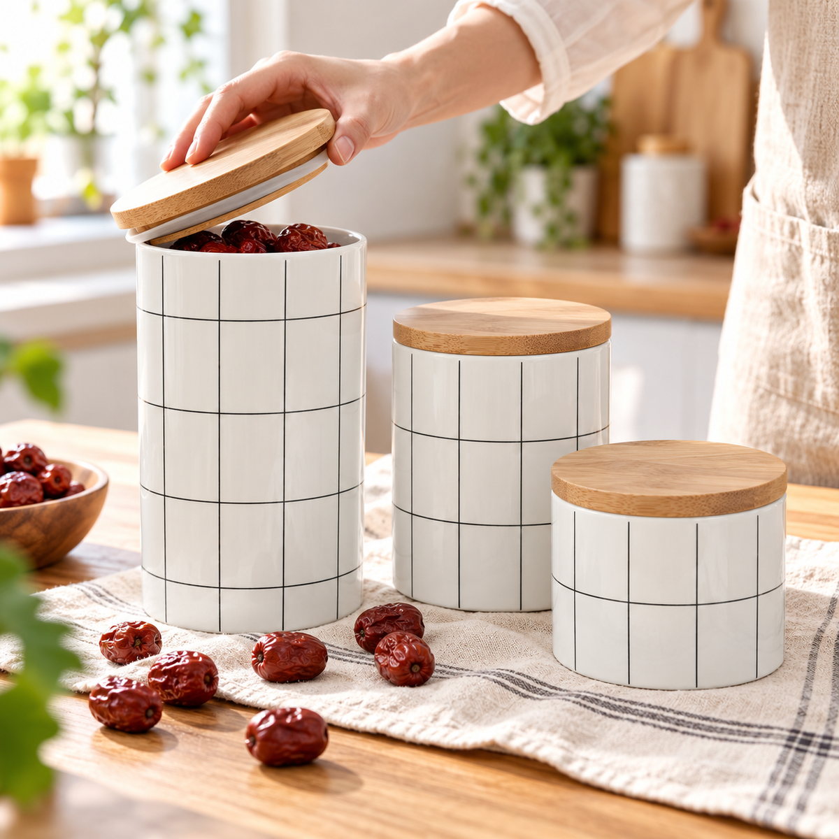 Ceramic Bamboo Cover Kitchen Food Container