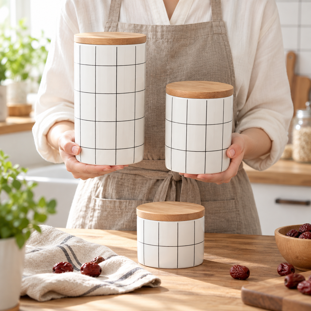 Ceramic Bamboo Cover Kitchen Food Container
