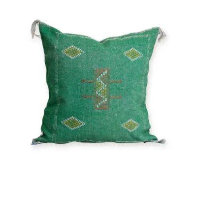 Emerald Green Moroccan Sabra Silk Pillow Cover – Tazenakht Sun Medallion | 20×20 | Handwoven