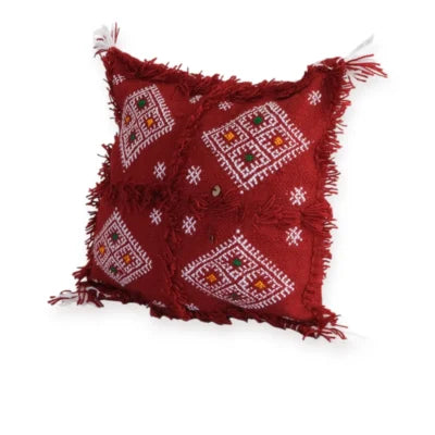 Red Four-Diamond Moroccan Berber Wool Pillow – Khenifra Bridal | 12×12 in