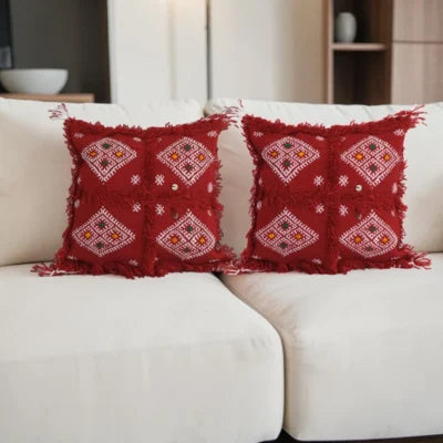 Red Four-Diamond Moroccan Berber Wool Pillow – Khenifra Bridal | 12×12 in