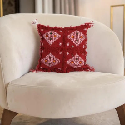 Red Four-Diamond Moroccan Berber Wool Pillow – Khenifra Bridal | 12×12 in