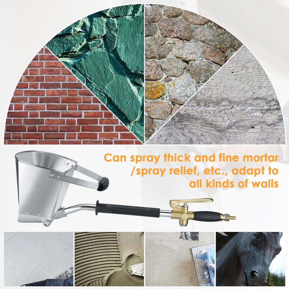 Stucco Sprayer Hopper Gun – Air-Powered Mortar & Plaster Spray Gun for Walls and Ceilings, 4 Nozzles, Stainless Steel Hopper