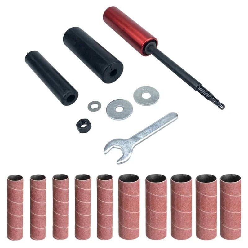 Hand-Held Sanding Drum for Drill – Portable Spindle Sander Attachment with 2 Rubber Drums and 10 Sleeves (120 Grit)