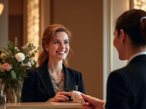 Glücklicher Gast beim Check-in an einer eleganten Rezeption.