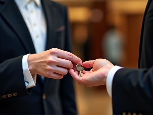 Concierge übergibt einem Gast elegant einen Schlüssel.