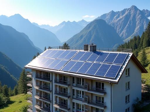 Solarmodule auf dem Dach eines Hotels in den Alpen.
